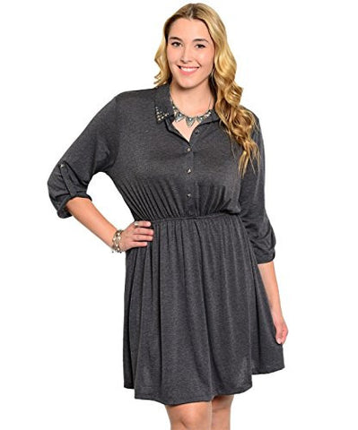 Studded Collar Button Tab Sleeve Shirred Dress - Charcoal, 2X-Large