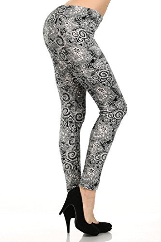 Yelete Black & White Swiss Lace Stretch Velour Printed Leggings