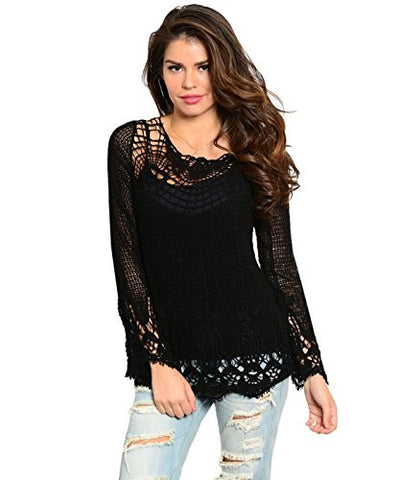 Sheer Crochet Boxy Fit Top - Black, Small