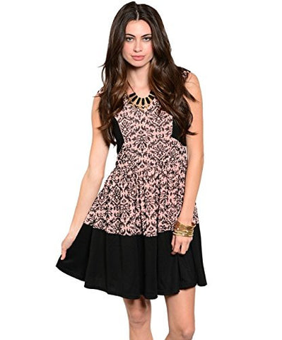 Two-Tone Antique Print Pit and Flare Dress - Black/Peach, Small