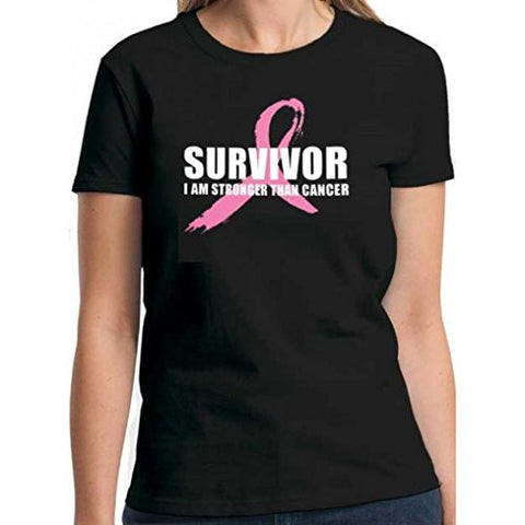 Breast Cancer Survivor Pink Ribbon Cotton Ladies Black T-Shirt (Medium)