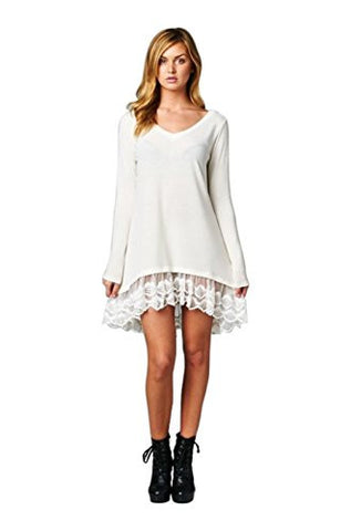 Solid Knit Lace Hem V-Neck Hi-Lo Tunic Top - Ivory, Small