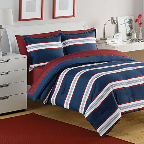 IZOD RUGBY STRIPE TWIN NAVY/RED COMFORTER SET Comforter: 68"W x 86"L;One Standard Sham 20"W x 26"L