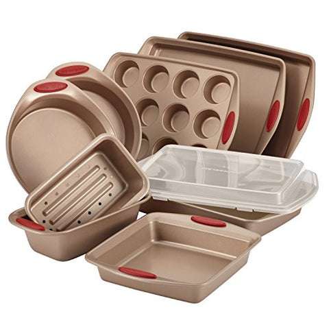 Rachael Ray 10-Piece Cucina Nonstick Bakeware Set, Latte Brown with Cranberry Red Handle