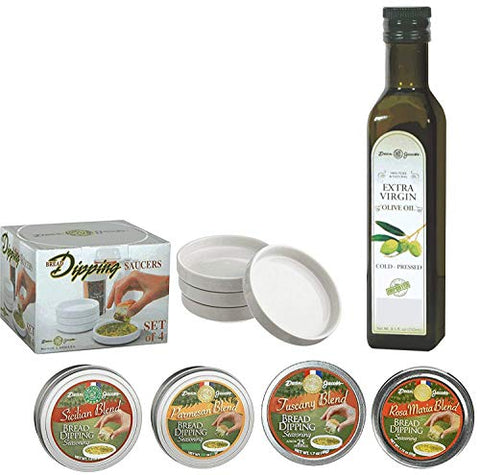 Bread Dipping Seasonings - Sicilian Bread Dipping Tin 1.8 oz., Parmesan Bread Dipping Tin 1.75 oz., Tuscany Bread Dipping Tin 1.7 oz., and Rosa Maria Bread Dipping Tin 1.75 oz., Extra Virgin Olive Oil 8.5 oz., 4 piece Dipping Saucers 9 x 10 x 9.5