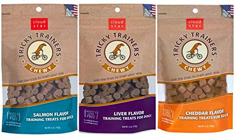 Cloud Star® Chewy Tricky Trainers™ - Liver 5oz Pouch and Cloud Star® Chewy Tricky Trainers™ - Cheddar 5oz Pouch and Cloud Star® Chewy Tricky Trainers™ - Salmon 5oz Pouch