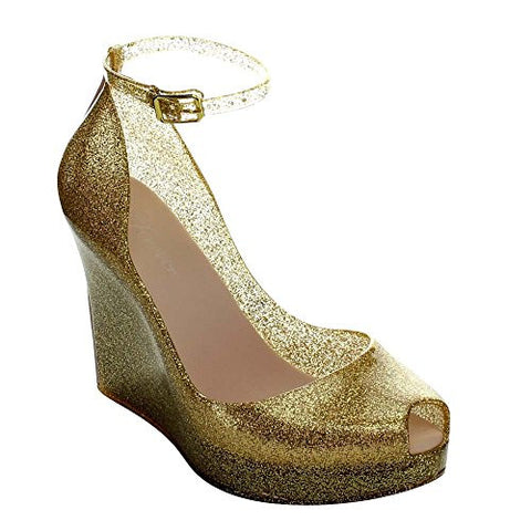 FOREVER ROSEMARY-86 Women's Peep Toe Wedge Heel Jelly Sandals, Color:GOLD GLITTER, Size:5