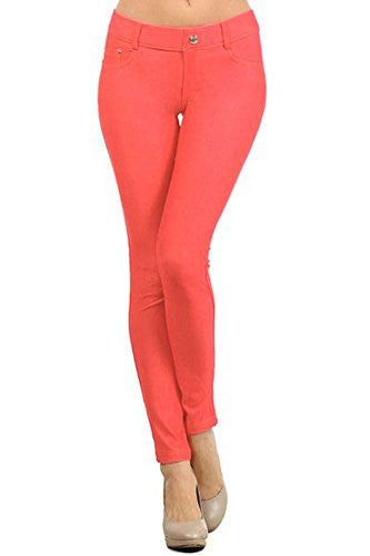 Yelete Women's Basic Five Pocket Stretch Jegging Tights Pants S Coral