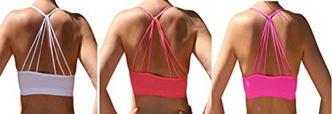Seamless Strappy Back Halter Bralette - White and Seamless Strappy Back Halter Bralette - Neon Pink and Seamless Strappy Back Halter Bralette - Coral, One Size (Pack of 3)
