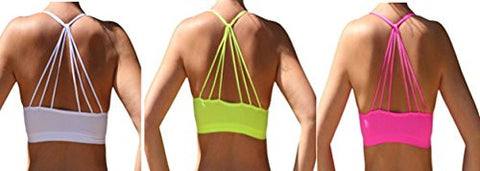 Seamless Strappy Back Halter Bralette - White and Seamless Strappy Back Halter Bralette - Neon Yellow and Seamless Strappy Back Halter Bralette - Neon Pink, One Size (Pack of 3)
