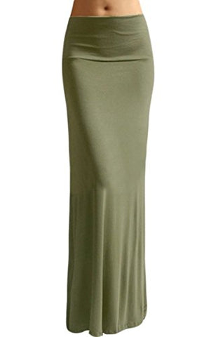 Azules Fold over Waistband Rayon Span Maxi Skirt, Light Olive - XL