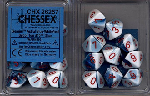 Gemini Polyhedral Astral Blue-White w/red Set of Ten d10's