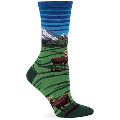 Moose Mountain Scene Sock, Dark Blue, Women's Shoe Size 4-10.5