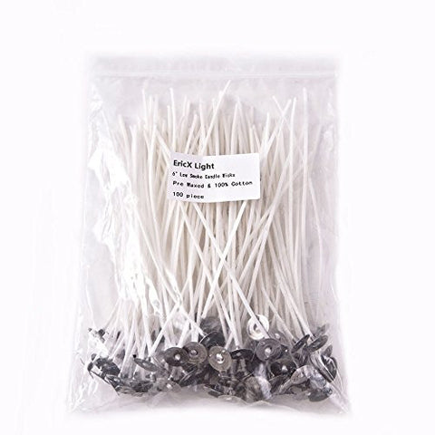 EricX Light 100 Piece Natural Candle Wick, Low Smoke 6" Pre-Waxed & 100% Natural Cotton Core