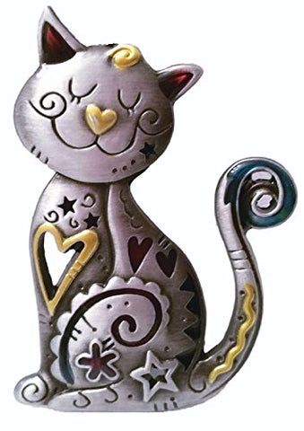 Smiling Cat Pin w Color Enamel Accents - Pewter