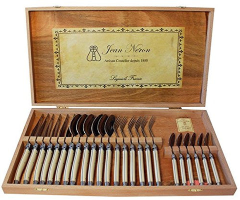 Laguiole Ivory Flatware in Presentation Box, Jean Neron (Set of 24: Knives, Forks, Teaspoons, Tablespoons), 18.125" x 10" x 1.875" Box