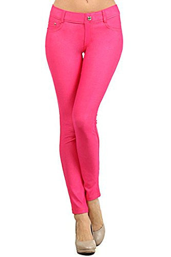 Yelete Women's Basic Five Pocket Stretch Jegging Tights Pants S Fuchsia
