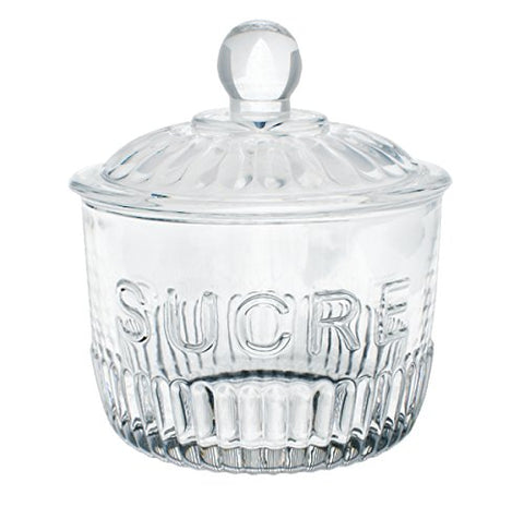 Depression Glass Sugar Jar "SUCRE", 4.5" x 4"