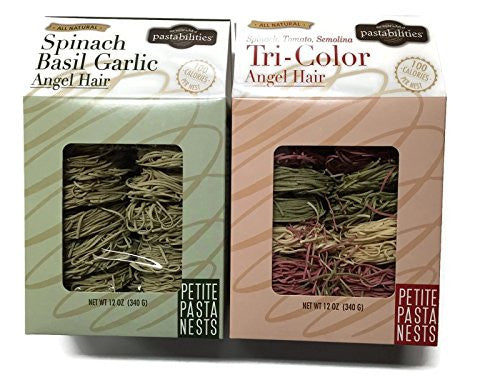 Spinach Basil Garlic Angel Hair Pasta Nest, 12oz and Tri-color Angel Hair Pasta Nests, 12oz