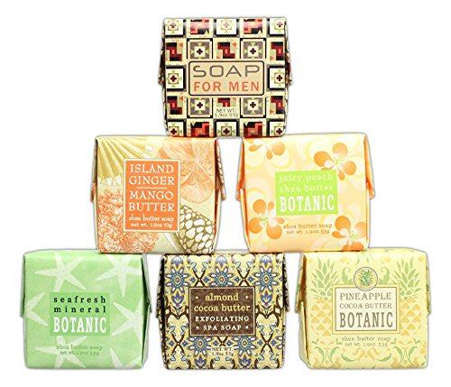 1.9oz Mini Soap, For Men 
1.9oz Mini Soap, Island Ginger Mango Butter, 
1.9oz Mini Soap, Seafresh Mineral,
1.9oz Mini Soap, Juicy Peach Shea Butter
1.9oz Mini Soap, Pineapple Cocoa Butter and 
1.9oz Mini Soap, Almond Cocoa Butter