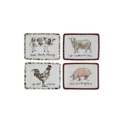 4"L x 3"W Stoneware Plate wFarm Animal & Saying, 4 Styles