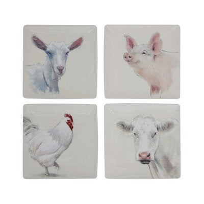 11" Square Stoneware Plate wFarm Animal, 4 Styles