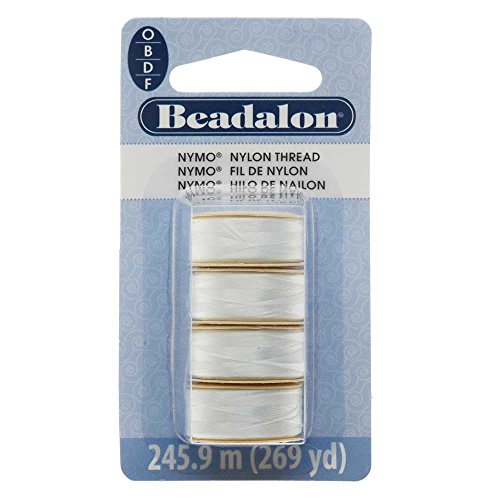 Nymo Thread, Sizes O .15mm(.006in) 82.3m; B .20mm(.008in) 66m; D .30 mm(.012in) 23m; F .35mm(.014in) 39m; White, 4 pc