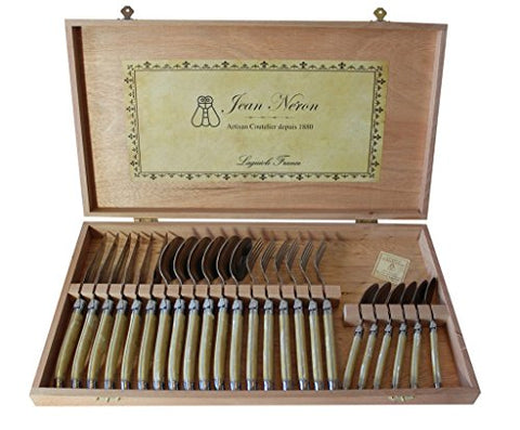 Laguiole Pale Horn Flatware in Presentation Box, Jean Neron (Set of 24: Knives, Forks, Teaspoons, Tablespoons), 18.125" x 10" x 1.875" Box