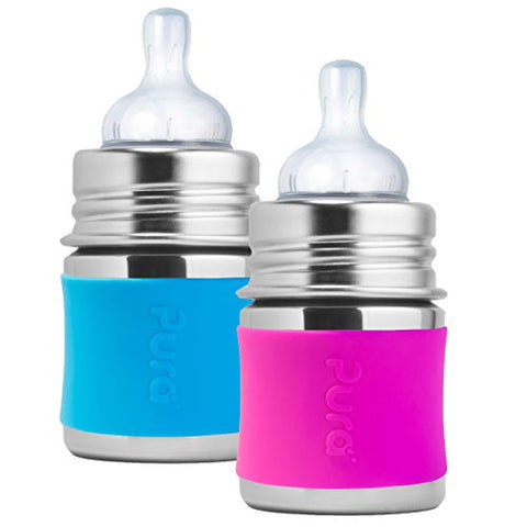 Pura 5 oz. Stainless Steel Baby Bottle, Slow Flow Nipple, Pink and 5 oz. Stainless Steel Baby Bottle, Slow Flow Nipple, Aqua