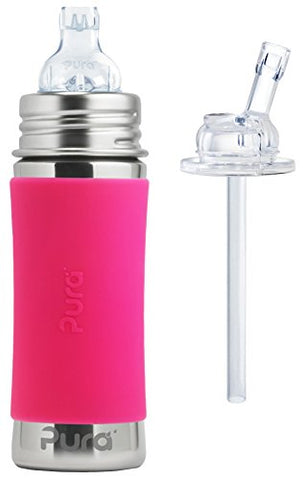 Pura 11 oz. Stainless Steel Sippy Cup, XL Sipper Spout, Pink and Silicone Straw Top
