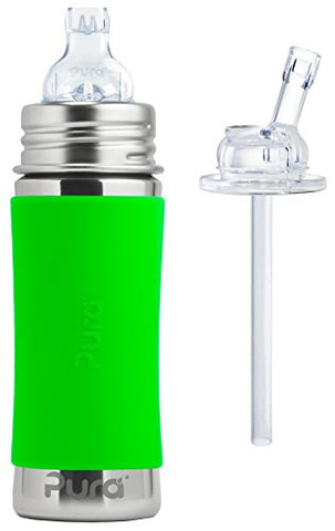 Pura 11 oz. Stainless Steel Sippy Cup, XL Sipper Spout, Green and Silicone Straw Top