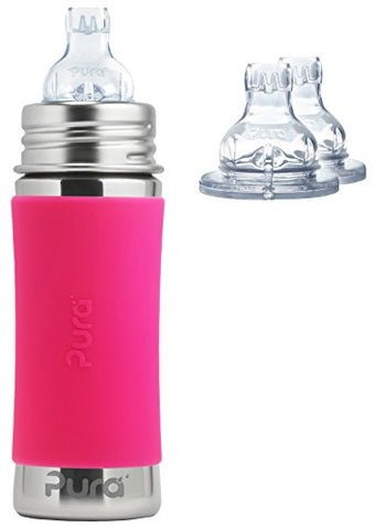 Pura 11 oz. Stainless Steel Sippy Cup, XL Sipper Spout, Pink and Silicone Sippy Top 2pk, XL