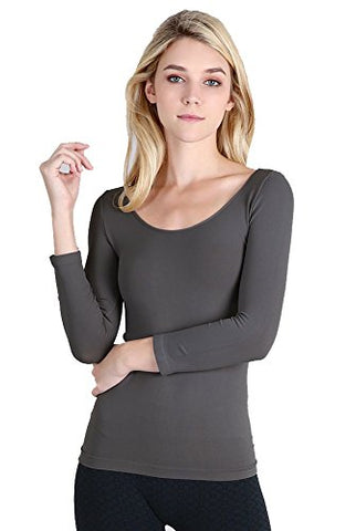 Seamless 3/4 Sleeve Scoop Neck Top - 63 Charcoal, One Size