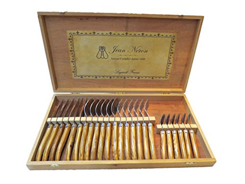 Laguiole Olivewood Flatware in Presentation Box, Jean Neron (Set of 24: Knives, Forks, Teaspoons, Tablespoons), 18.125" x 10" x 1.875" Box