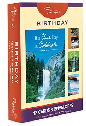 12PK Boxed Waterfalls Birthday Cards Bulk with KJV Scriptures - Waterfall Greeting Cards BDAY for Her for Him