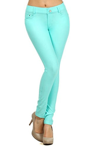 Yelete Womens Cotton Blend Pull On Color Jeggings (Turquoise, Medium)