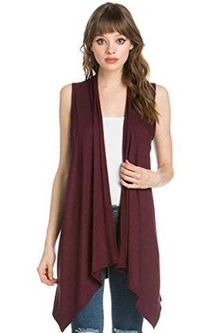 Women’s Sleeveless Draped Open Front Asymmetric Wine Rose Vest Cardigan, Medium