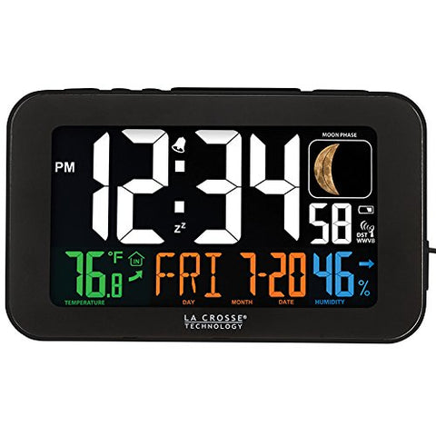 Atomic Color Alarm Clock with Indoor Temperature & Humidity, Black