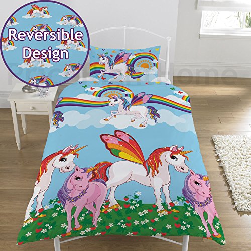 Rainbow Unicorns Single Rotary Duvet Set -137cm x 198cm (54in x 78in) Pillowcase size: 50cm x 75cm (19.5in x 29.5in) Blue