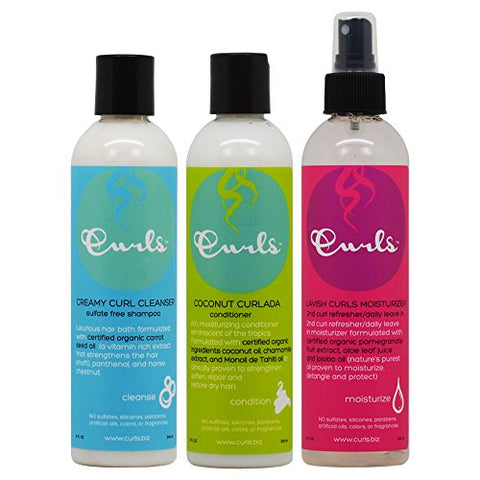 Creamy Curl Cleanser (8 Oz),
Coconut Curlada Conditioner (8 Oz), and
Lavish Curls Moisturizer (8 Oz)