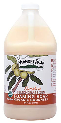 Vermont Soap SunShea Organic Lemongrass Foaming Hand Soap, USDA Certified Organic Moisturizing Soap for Dry Skin 1/2 Gallon Refill (64oz Lemongrass Zen)