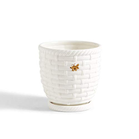 Bee Happy Bee Skep And Golden Bee Planter Pot With Saucer, 5 1/2" H x 5 1/2" Dia - Porcelain