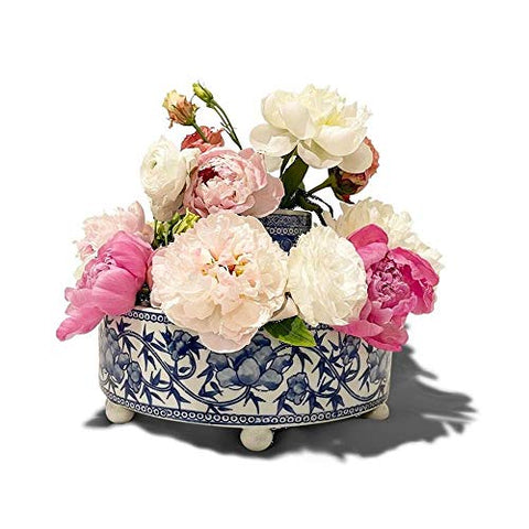 Blue And White Pavilion 3 Piece Hand-painted Floral Arranger Set - Porcelain
