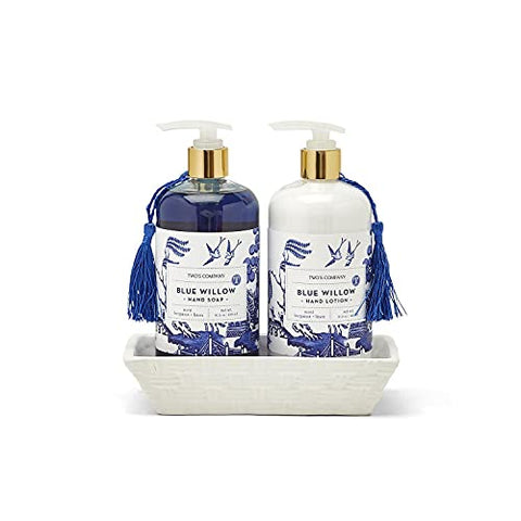 Chinoiserie Sandalwood Scented Hand Soap And Lotion Set With Ceramic Caddy