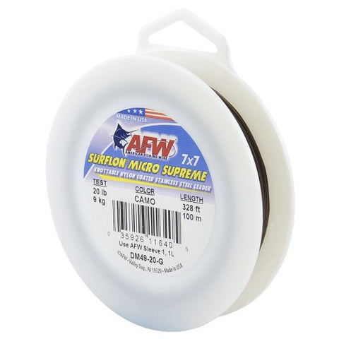 SurflonMicroSupreme, Nylon Coated 7x7 Stainless Leader, 20 lb (9 kg) test, .015 in (0.38 mm) dia, Camo, 328 ft (100 m)