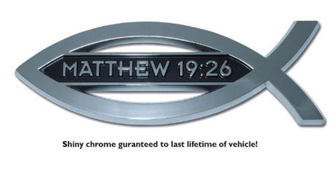 Christian Fish Matthew 19:26 Chrome Emblem, Shiny