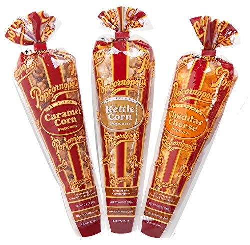 Mini Cones - Caramel Corn 2.2 oz, Mini Cones - Cheddar Cheese 0.92 oz and Mini Cones - Kettle Corn 0.875 oz