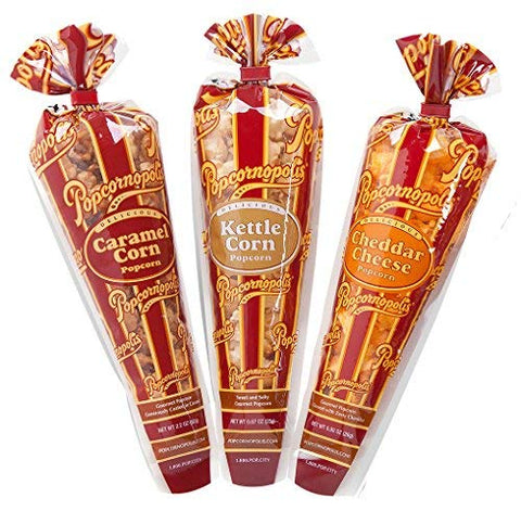 Mini Cones - Caramel Corn 2.2 oz, Mini Cones - Cheddar Cheese 0.92 oz and Mini Cones - Kettle Corn 0.875 oz