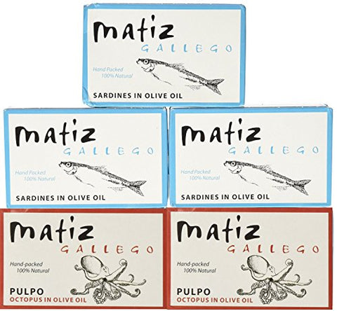 Three (3) Matiz Sardines in Olive Oil (4.2 oz) and Two (2) Matiz Pulpo in Olive Oil (4.2 oz)