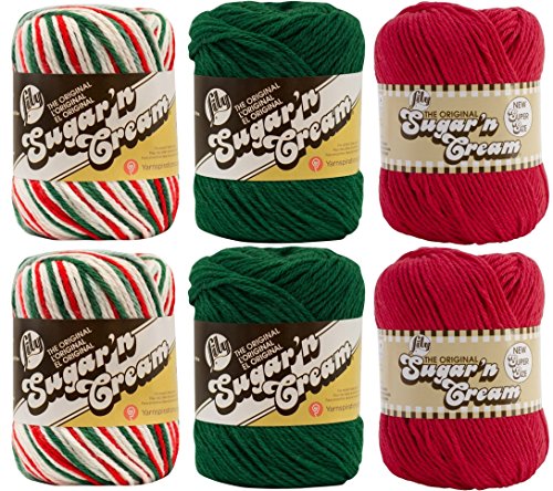 Lily Sugar'n Cream Solid Yarn 2.50 oz, Red, 
Lily Sugar'n Cream Solid Yarn 2.50 oz, Dark Pine and
Lily Sugar'n Cream Ombre Yarn 2 oz, Mistletoe